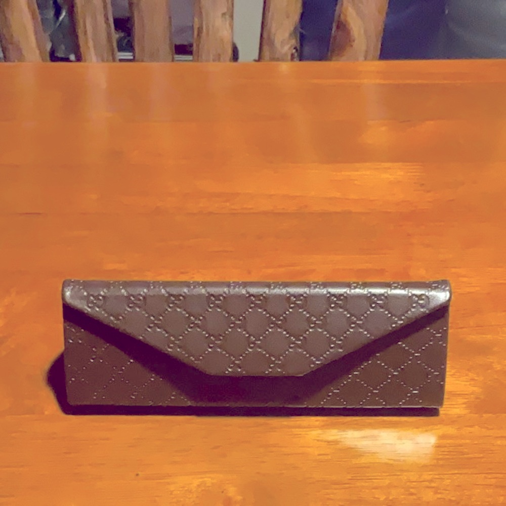 Gucci Brown Leather Monogram Slim Glasses Case Never Used